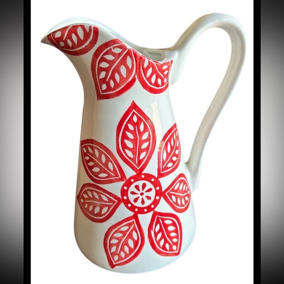 Farval Other - Large Farval Ceramic Pitcher Jug Hand Painted Red Flowers Portugal 11.5in Tall